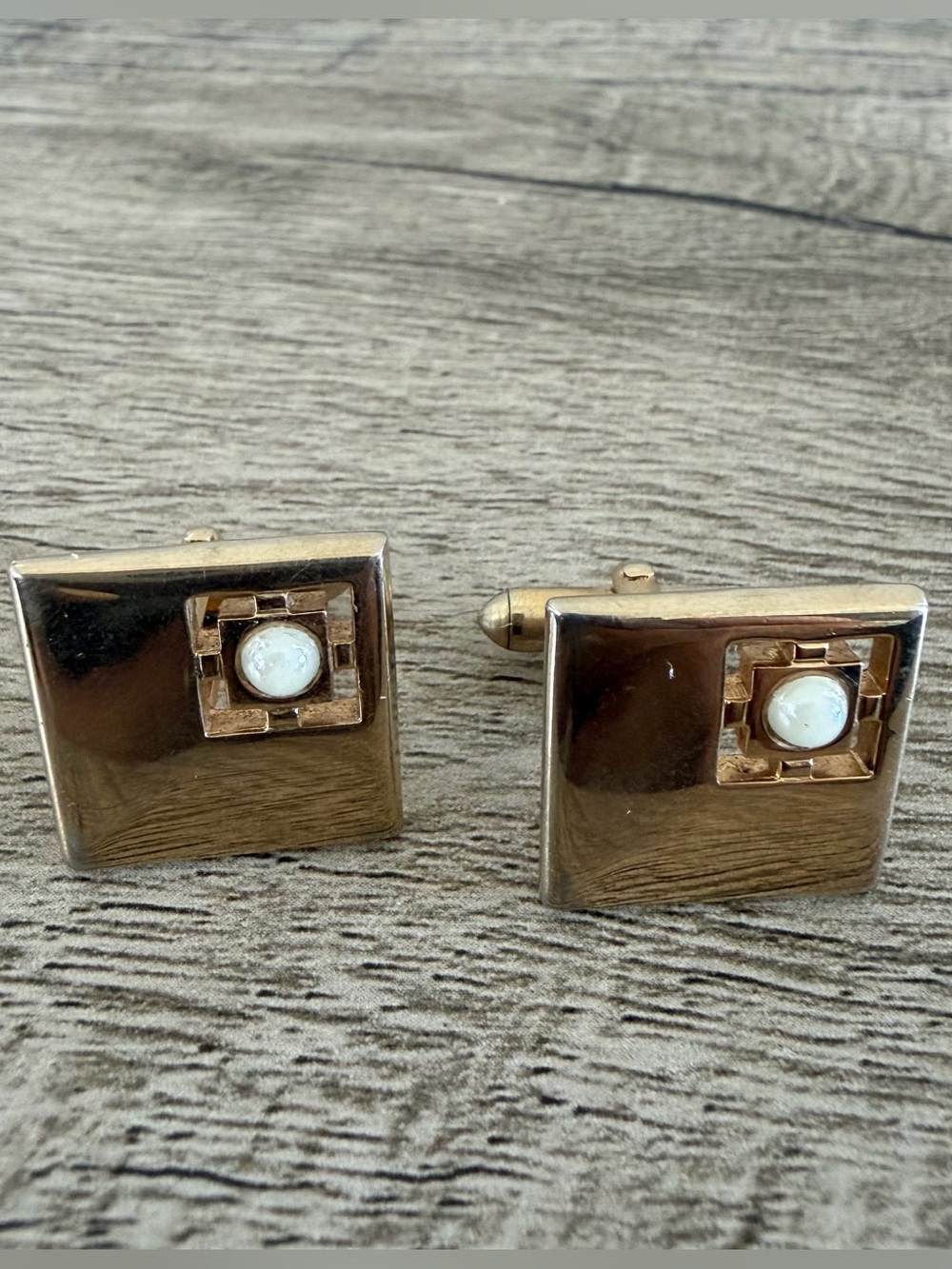 Vintage Swank Goldtone Square Faux Pearls Mother Pearl? Cufflinks Cutout Design